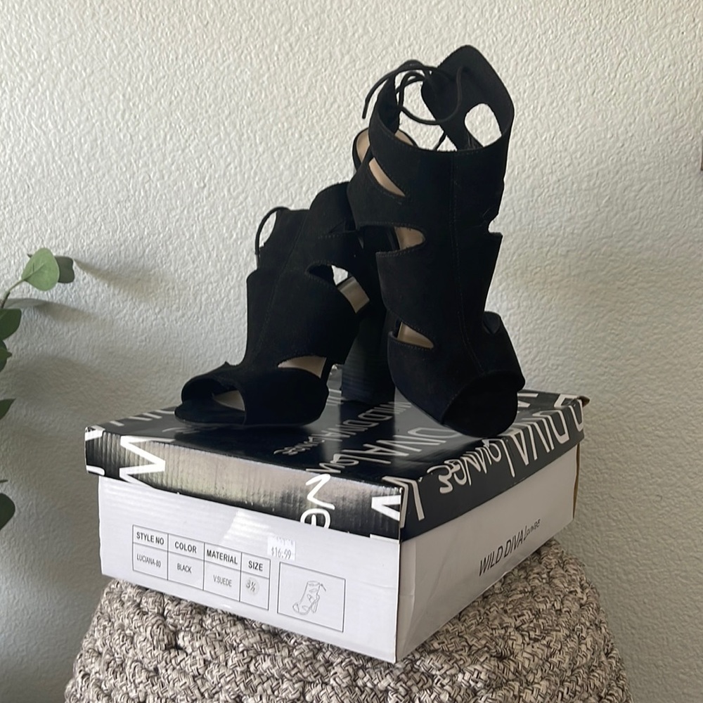 Black suede block heels